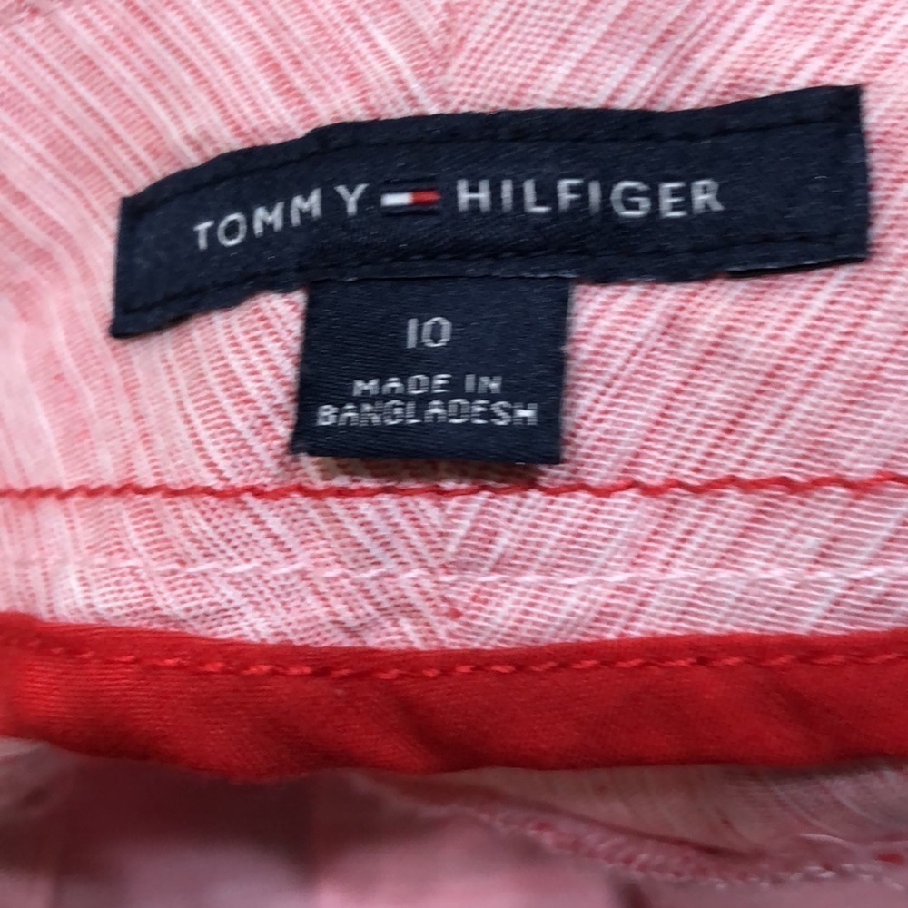 Tommy Hilfiger Mid Rise Belted Shorts Size 10 Red White Cotton Linen - Picture 4 of 9